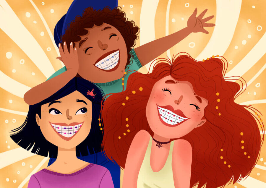 3 smiling kids with braces against a shining background