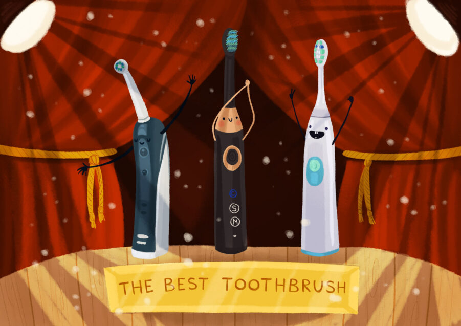Graphic illustration of three electric toothbrushes with the label "The Best Toothbrush."