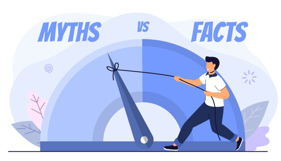 graphic illustration of a scale comparing myths and facts for an article about teeth whitening